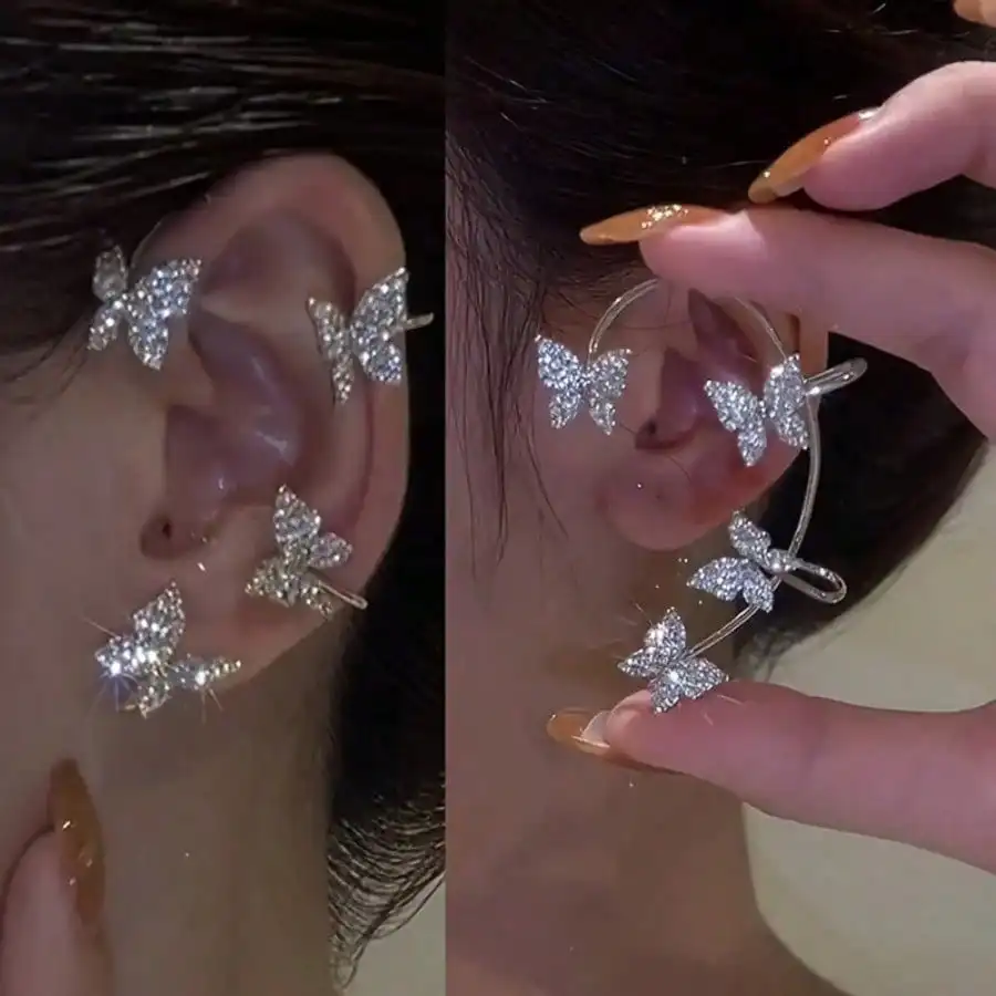 

2 butterfly earrings. This themed ear clip can be worn on both sides without piercing. It is a warm silver jewelry gift.