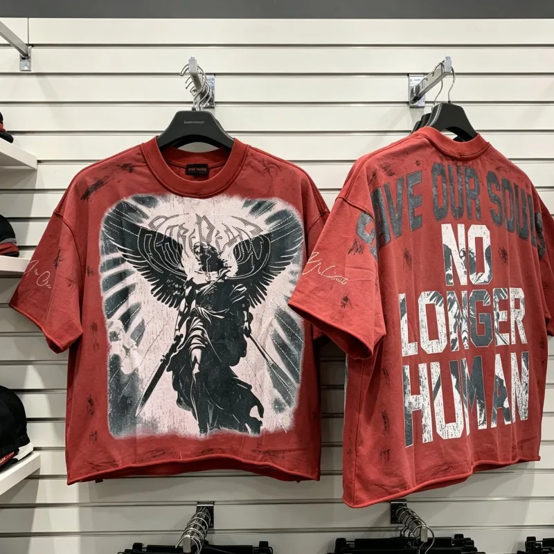 Summer Men Women Oversize Streetwear Red RARE PEACE Tshirts Cotton Rhinestone Letter Graffiti Fade Pink Angel Short Sleeve Tops