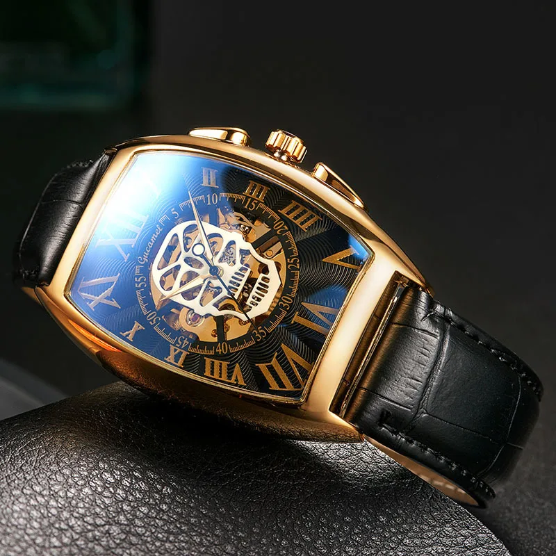 

New Watch Men Fashion Leather Strap Tonneau Tourbillon Skull Hollow Automatic Mechanical Watches For Man Male Gift Drop Shipping