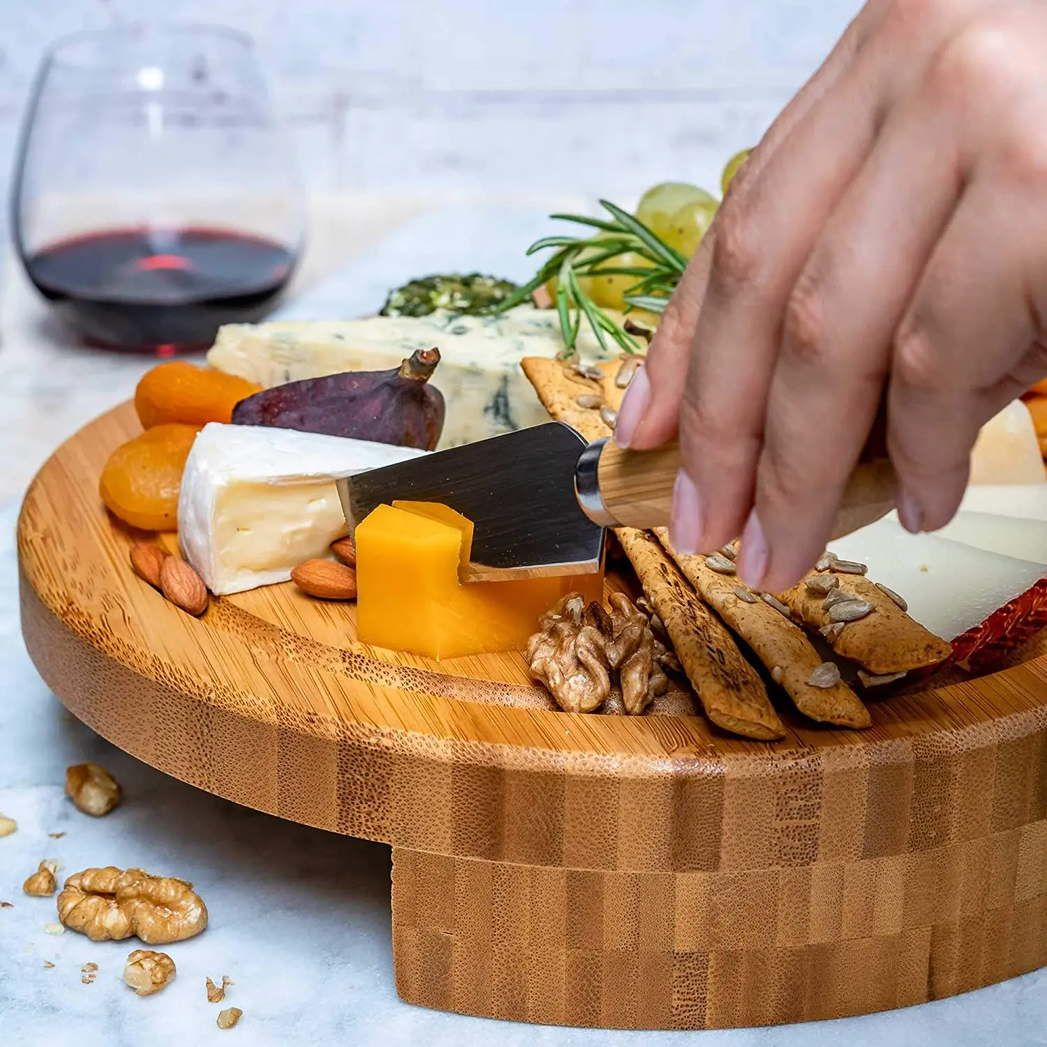 Custom Round Natural Bamboo Cheese Board and Knife Set Elegant Mini Charcuterie Board for Gifts Premium Chopping Blocks