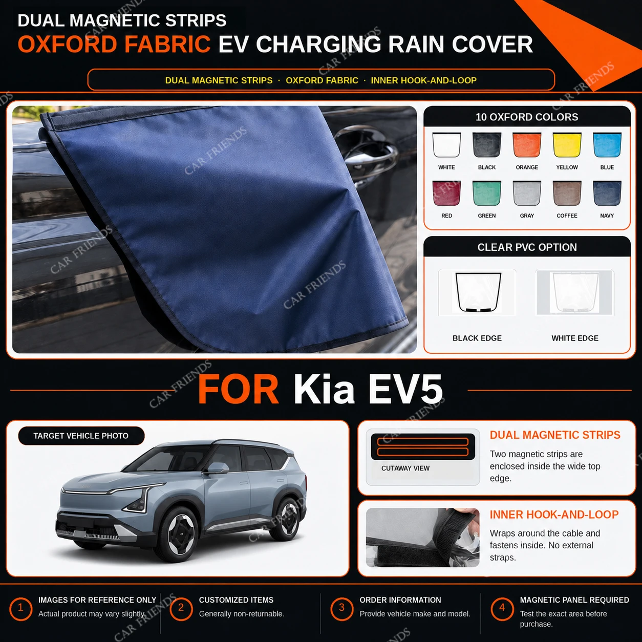 For Kia EV5 Oxford Fabric EV Charging Port Rain Cover with Dual Magnetic Strips Water-Repellent Scratch- and Abrasion-Resistant