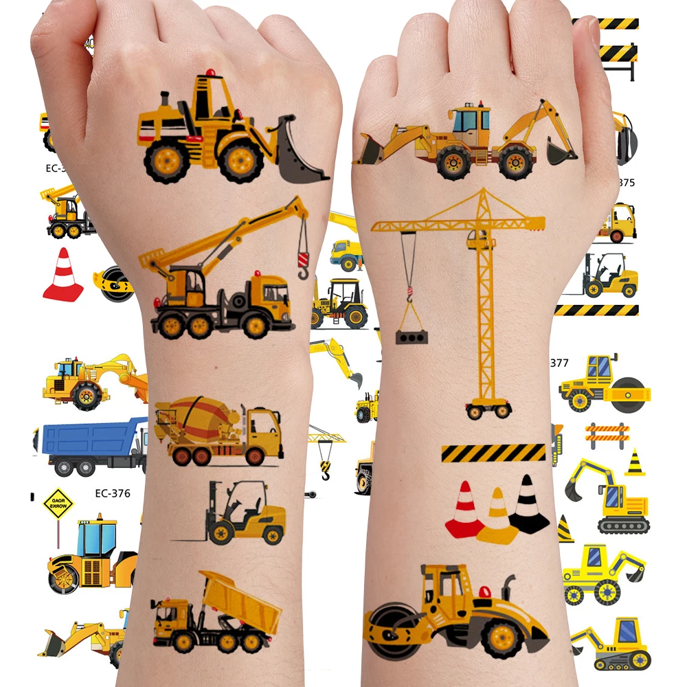 

Cartoon Construction Vehicle Temporary Tattoos - with Excavator, Bulldozer, Crane, Fire Truck - Water Transfer Sticker for Arms,
