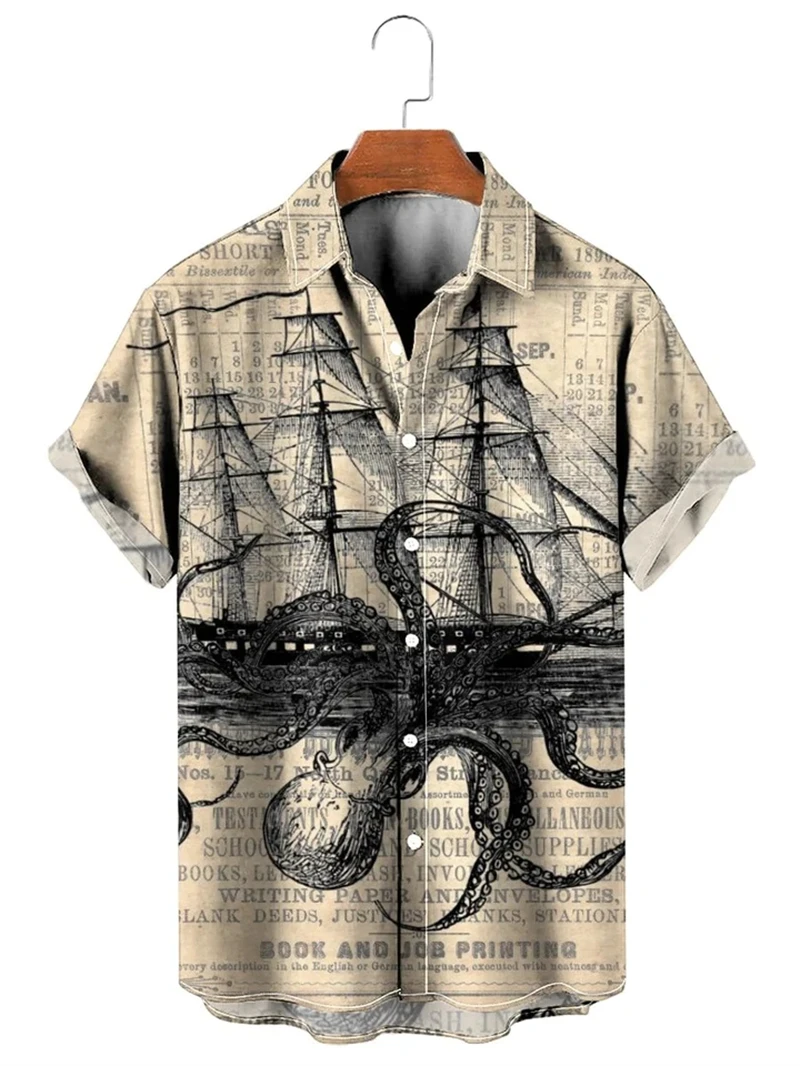 Camisa Vintage para hombre, camisa de manga corta con estampado de mapa 3d, botón de solapa, ropa informal de moda, Tops de gran tamaño