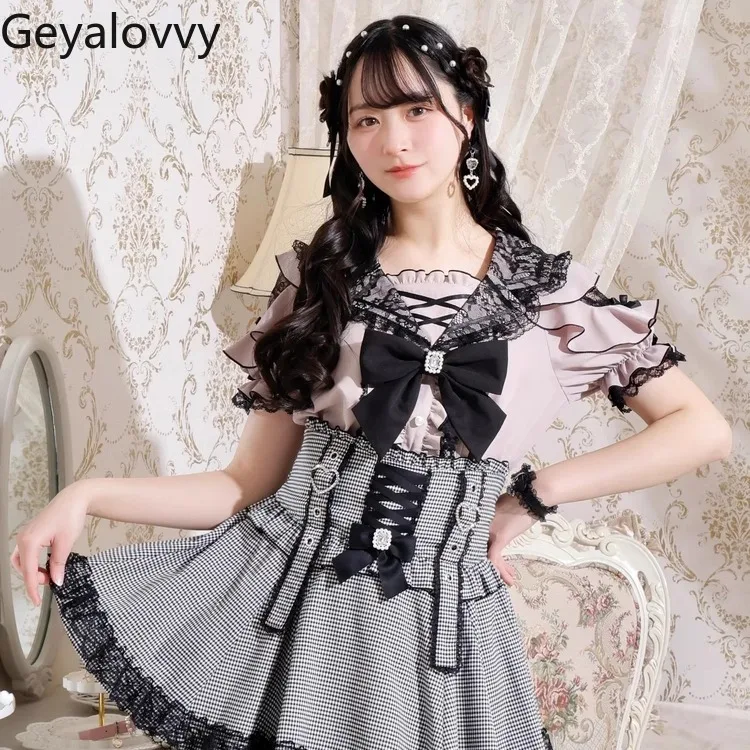 일본 여름 로리타 새로운 광산 다목적 레이스 보우 귀여운 소녀 탑 스위트 네이비 칼라 반팔 셔츠 Camisa Feminina