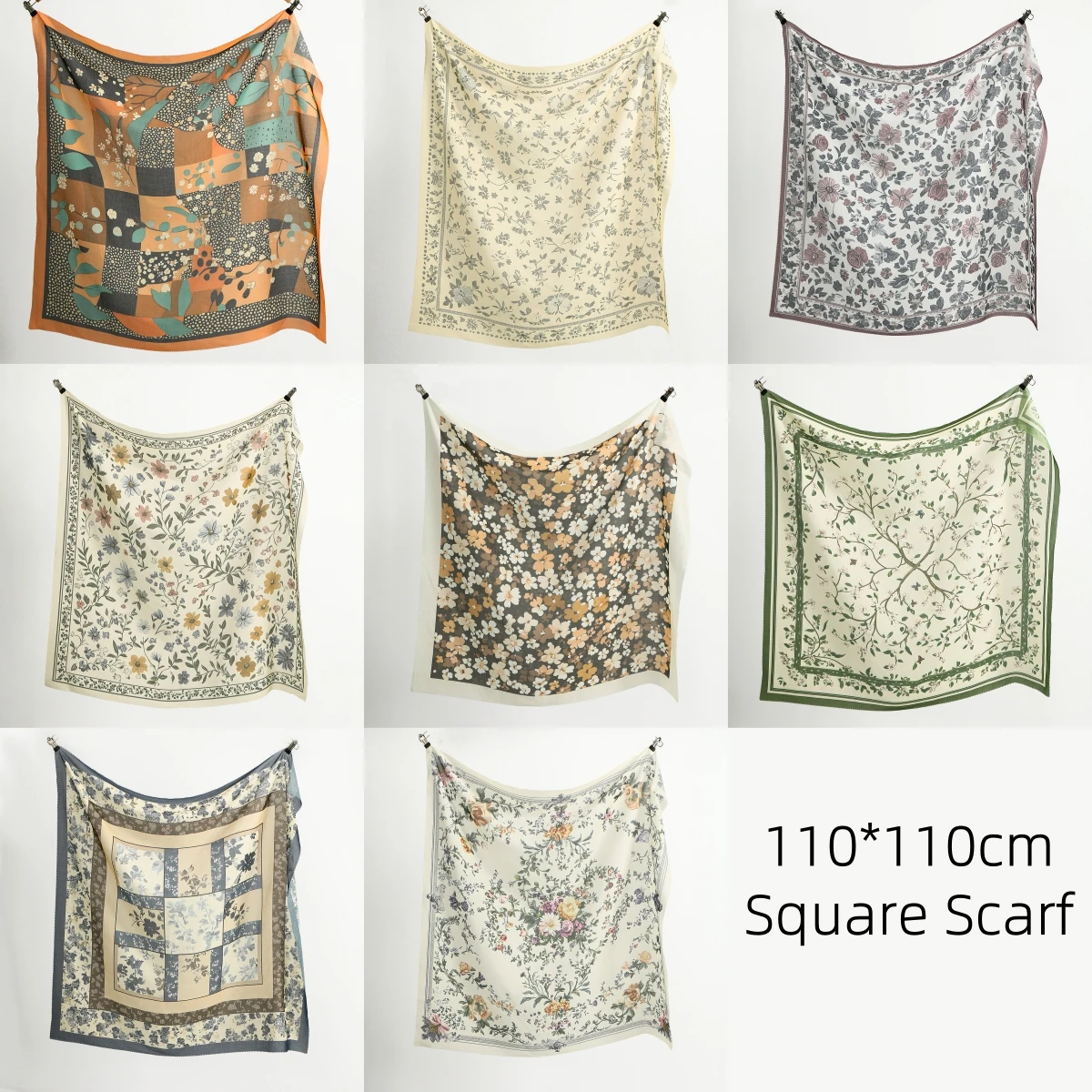 ผ้าพันคอไหมซาตินสี่เหลี่ยมขนาด 110*110 ซม. ลายดอกไม้สำหรับชาวมุสลิม ผ้าคลุมศีรษะแฟชั่นพิมพ์ลาย ผ้าพันคอฮิญาบผู้หญิง ผ้าพันคอผ้าฝ้ายเนื้อนุ่ม