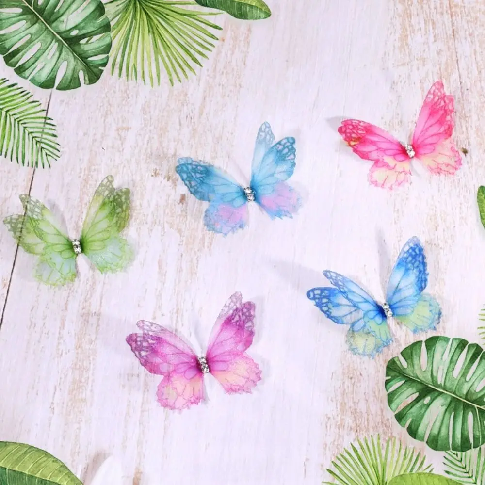 50Pcs 3D Organza Fabric Butterfly Appliques Double-layer Gradient Color Chiffon Butterfly Embroidered Patches Translucent