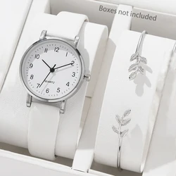 Simple Women's Watches 2Pcs Set White Dial Leather Strap Quartz Wristwatches Bracelet Set Casual Ladies Watches Clock Gift