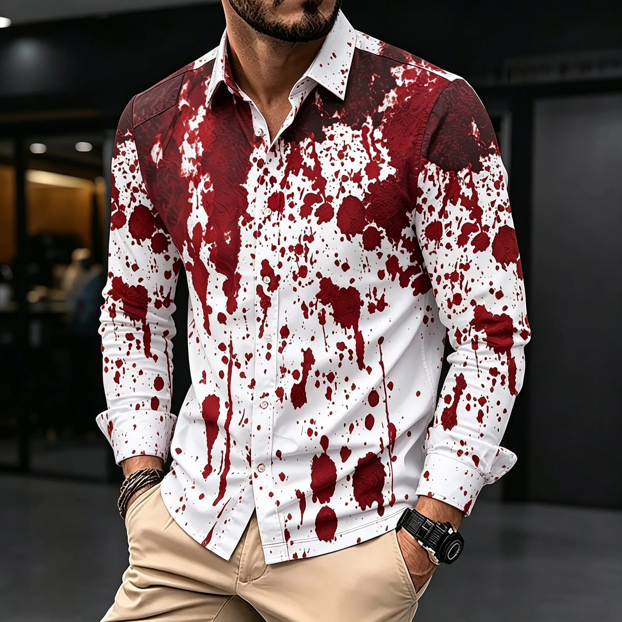 Creative white-based men's long-sleeved shirt with red bloodstains, a funny Halloween party shirt with a turn-down collar.