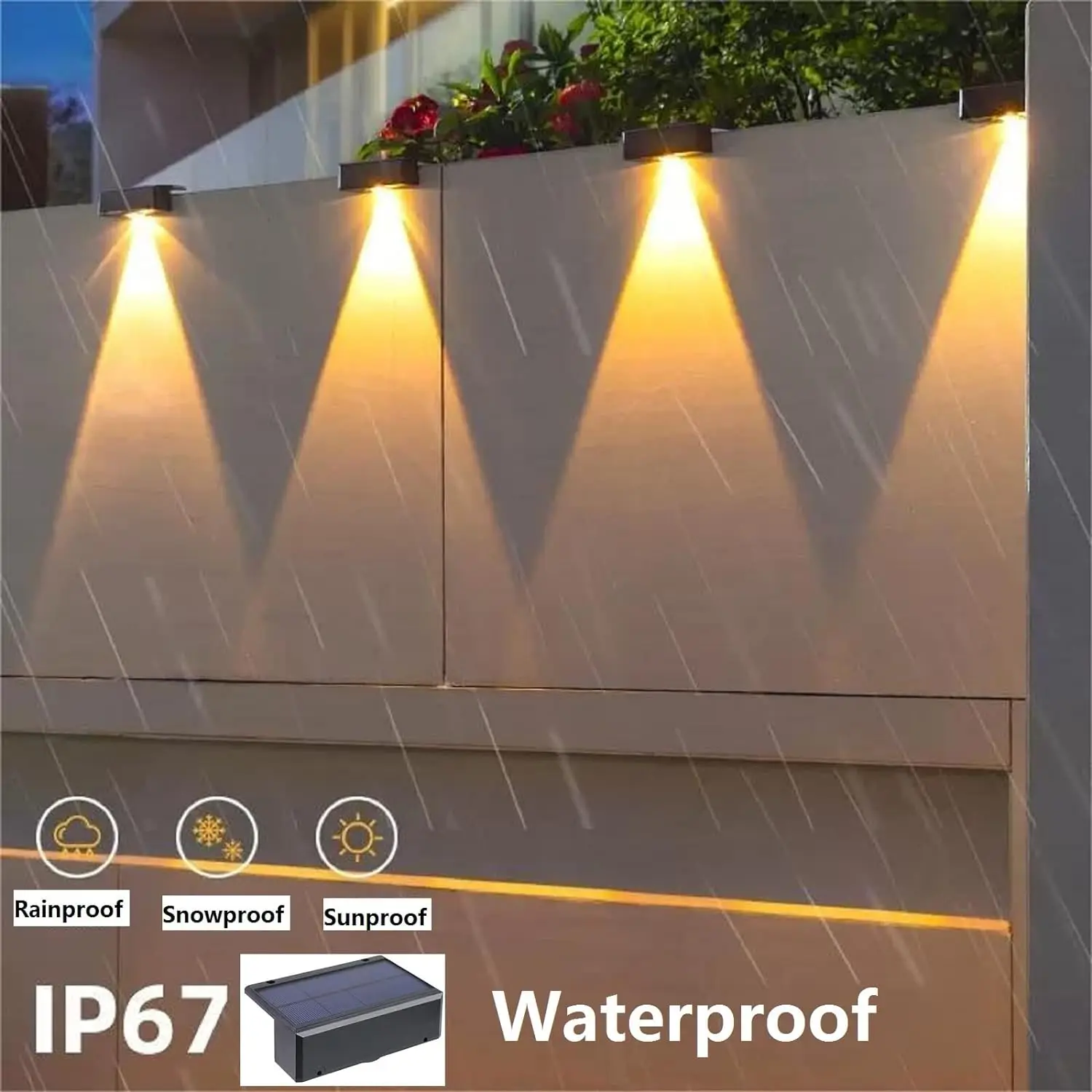 Luzes solares ao ar livre do deck, Solar Fence Lights, Luzes solares brancas quentes da parede, LED impermeável ilumina a iluminação, 4 Pack