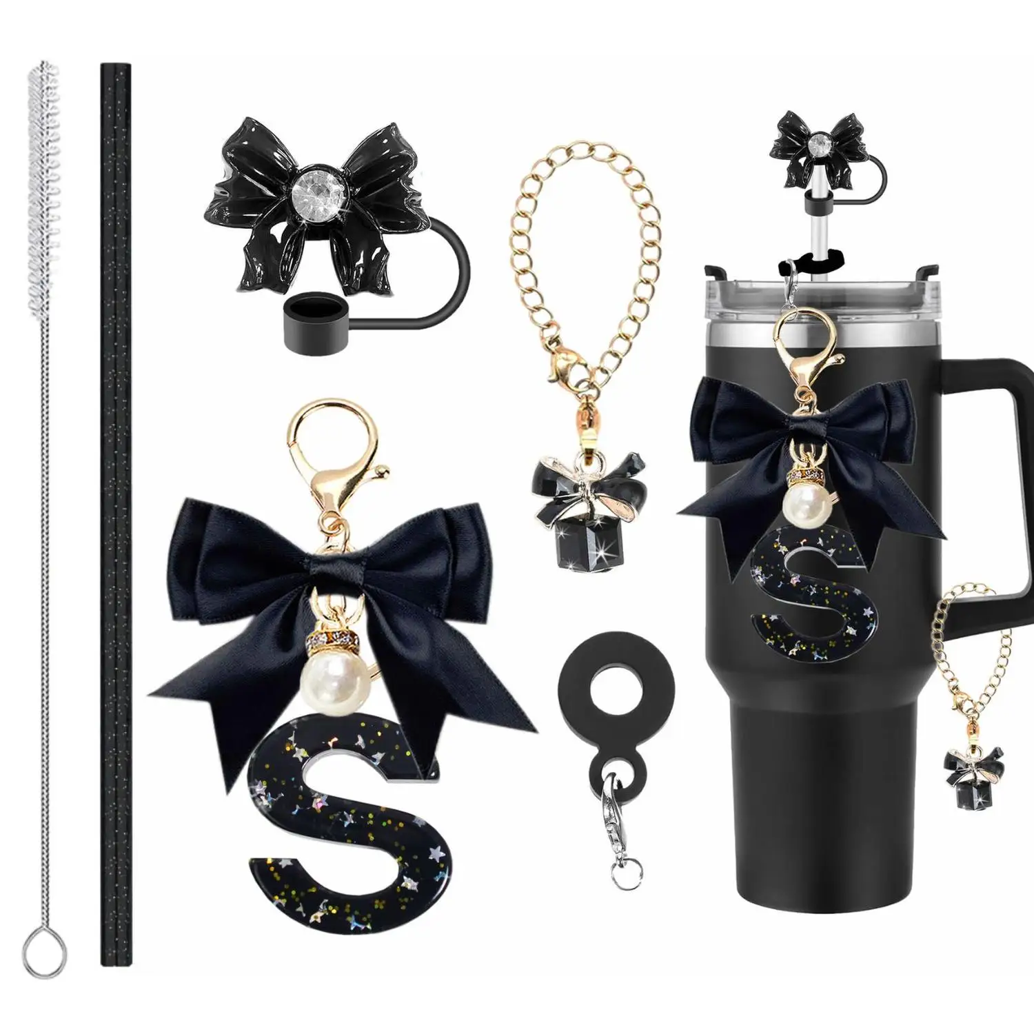 For Stanley Accessory Set: Bow Chain Letter Pendant Straw Topper And Brush for Stylish Beverage Enjoyment