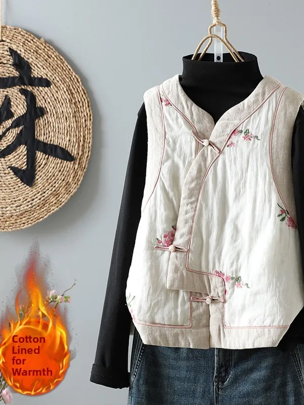

New Chinese Sle Thiened Cotton Linen Vest Loose Slimming Embroidered Svel Cotton Clothes for Women