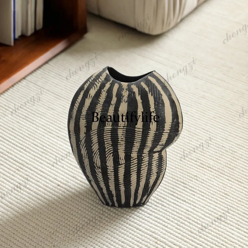 wabi-sabi retro black and white ceramic vase handmade, living room sample soft decoration, entrance ornament