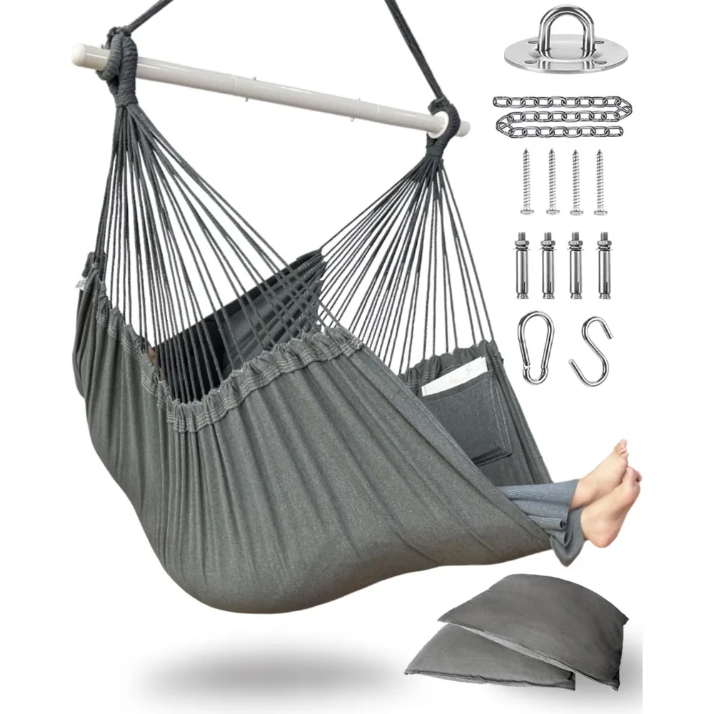 

Hammock Chair Hanging Rope Swing with 2 Cushions - Max 500lbs-Perfect for Patio, Porch, Bedroom, Backyard, Indoor or Outdoor