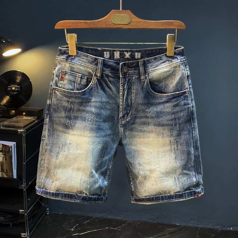Men's 2026 New Vintage Style Heavyweight Denim Shorts, Slim Straight Cut, Versatile Street Style, Knee Length, 5 Pockets, Summer