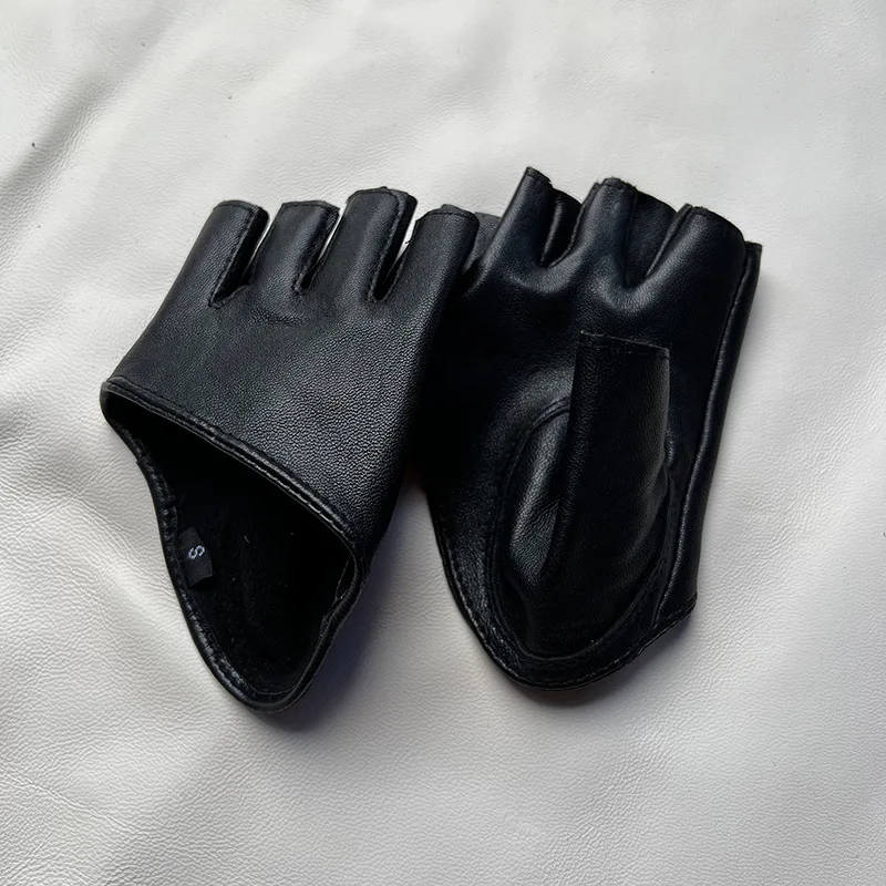 

Fashion Half Finger Genuine Leather Gloves Lady Fingerless Driving Show Mittens Half Palm Party Lady Short Show Gloves Black