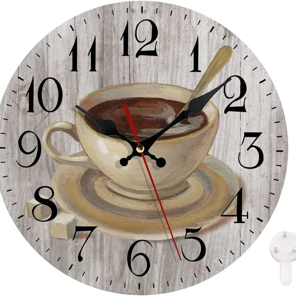 

Coffee Cup Shaped Wooden Quiet Creative Vintage Country Decor for Kitchen Living Room Wall Clock