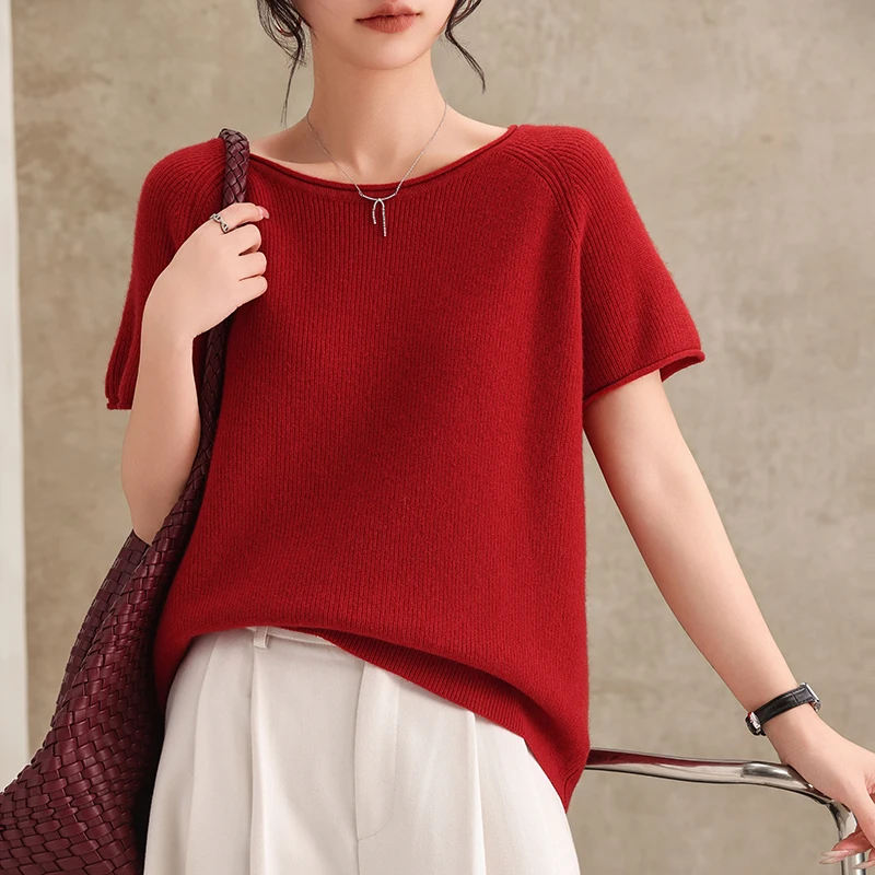 

Новая женская трикотажная футболка из чистой шерсти, весенне-летний пуловер с низким круглым вырезом, мягкий и удобный топ, короткий рукав.