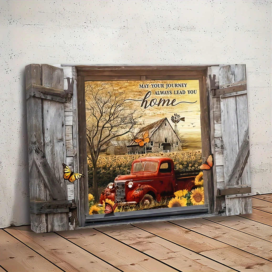 Wooden Framed Canvas Painting Rustic Red Old Truck Picture Kitchen Wall Art Print Suitable for Home Decor Living Room Bedroom