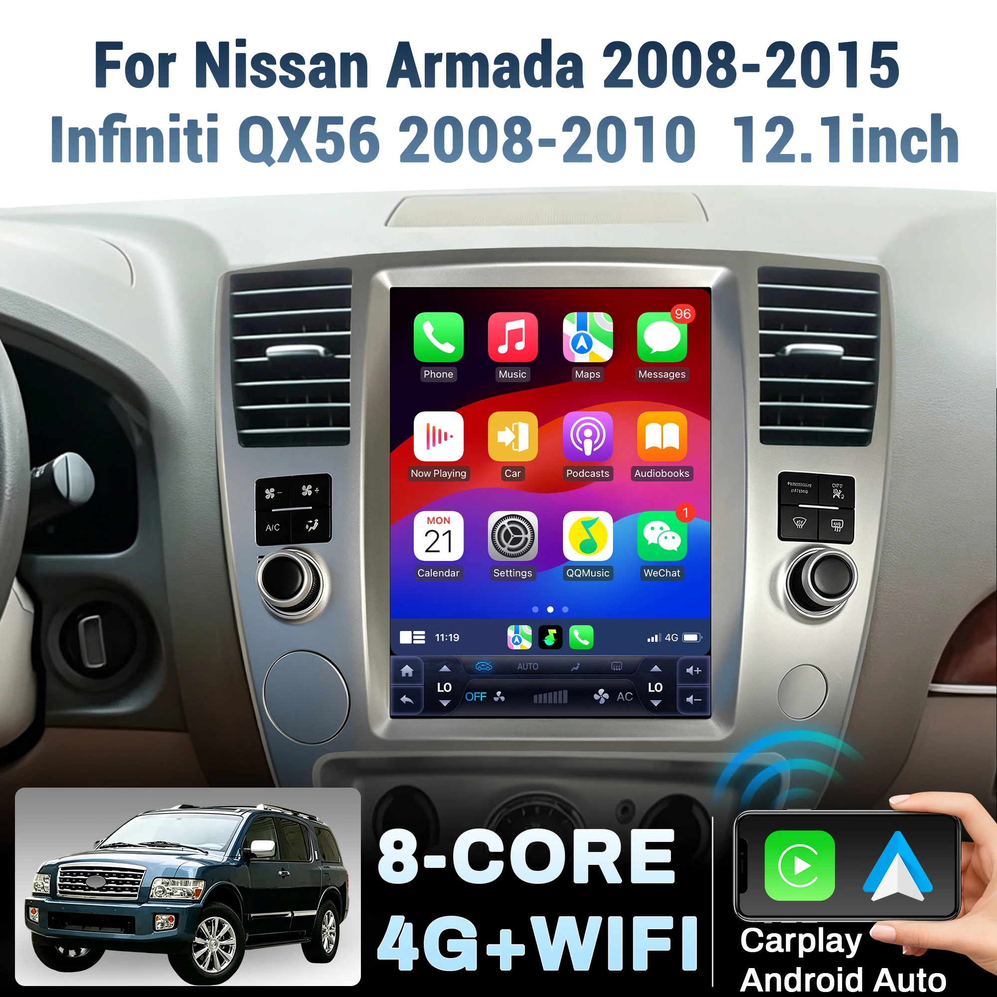 

12.1inch Car Radio For Nissan Armada 2008-2015 Infiniti QX56 2008-2010 4G Head Unit Wireless Bluetooth CarPlay