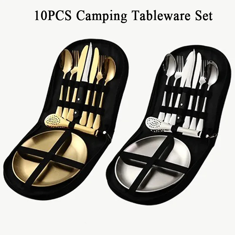 10PCS Camping Tableware Set with Bag Outdoor Travel Tableware Camping Picnic Barbecue Plate Clip Steak Knife Fork Spoon Set