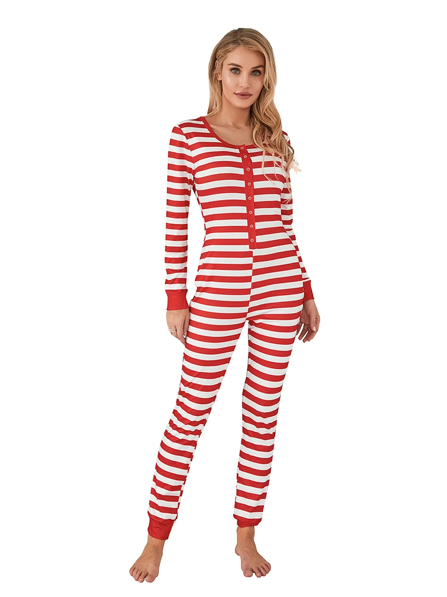 Woman s Christmas Stripe  Pajamas Sexy Round Neck Long Sleeve Slim Elastic Jumpsuit Daily Life and Holiday