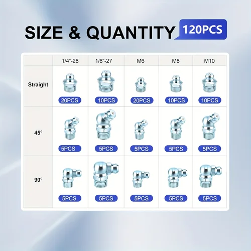 Imagen 2 del producto Juego de 120 Conectores de Engrase Hidráulicos SAE y Métricos - Conectores Zerk, Incluye Especificaciones de 1/4"", 1/8"", M6, M8, M10, con Conectores Rectos y Conectores de 45 Grados ° Cabezal Angular y 90° ° Cabezal Angular, Apto para Aplicaciones Automotrices e Industriales, Hecho de Acero Galvanizado.