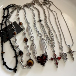Cross Heart Red Stone Hand Bone Pendants Choker Chain Necklace Ins Punk Goth Charm Korean Men Women Y2K EMO Accessories Jewelry