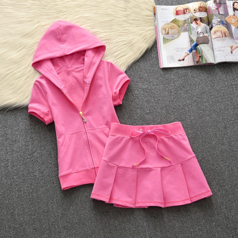 2024 Summer Two Piece Set Solid Color Short Sleeve Hooded Sweatshirt and Skirt Set Casual Sportswear Suit
