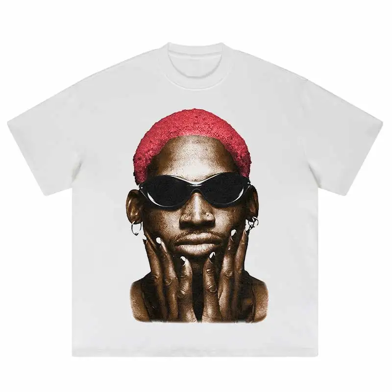 Fashion Vintage Washed Short Sleeve Summer T-Shirt Men Hip Hop Streetwear Dennis Rodman Portrait Print T Shirt Cotton Casual Tee