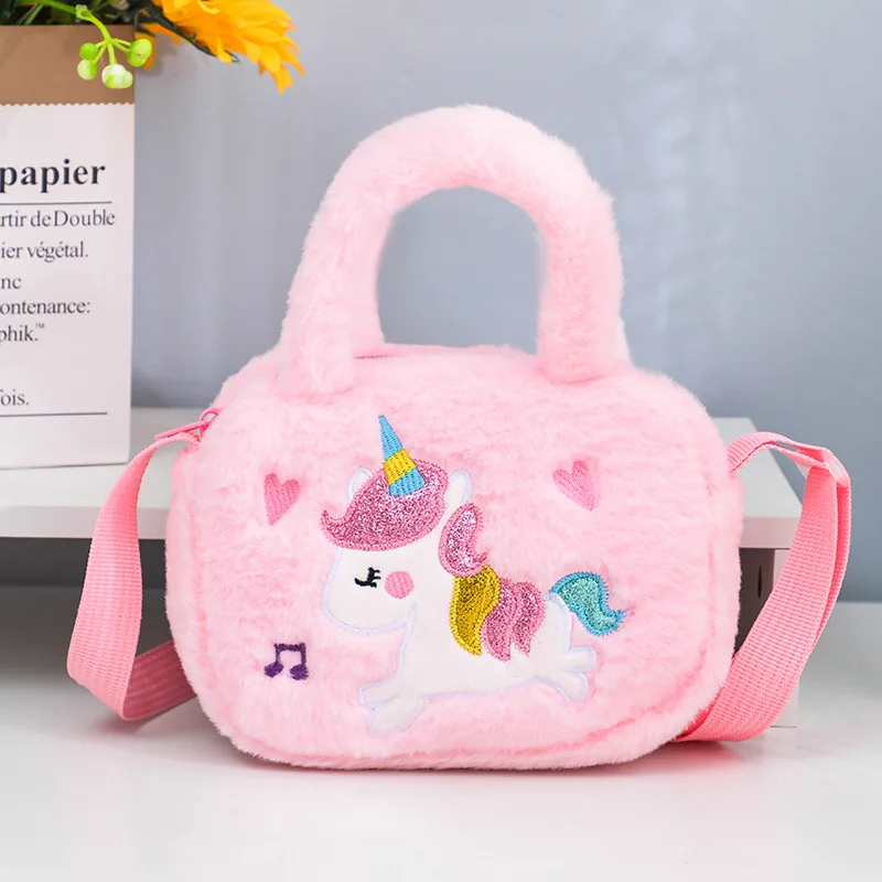 Kids Embroidery Unicorn Plush Toy Crossbody Purses Handbags Little Girls Rainbow Fluffy Purse Cute Cartoon Furry Shoulder Bag