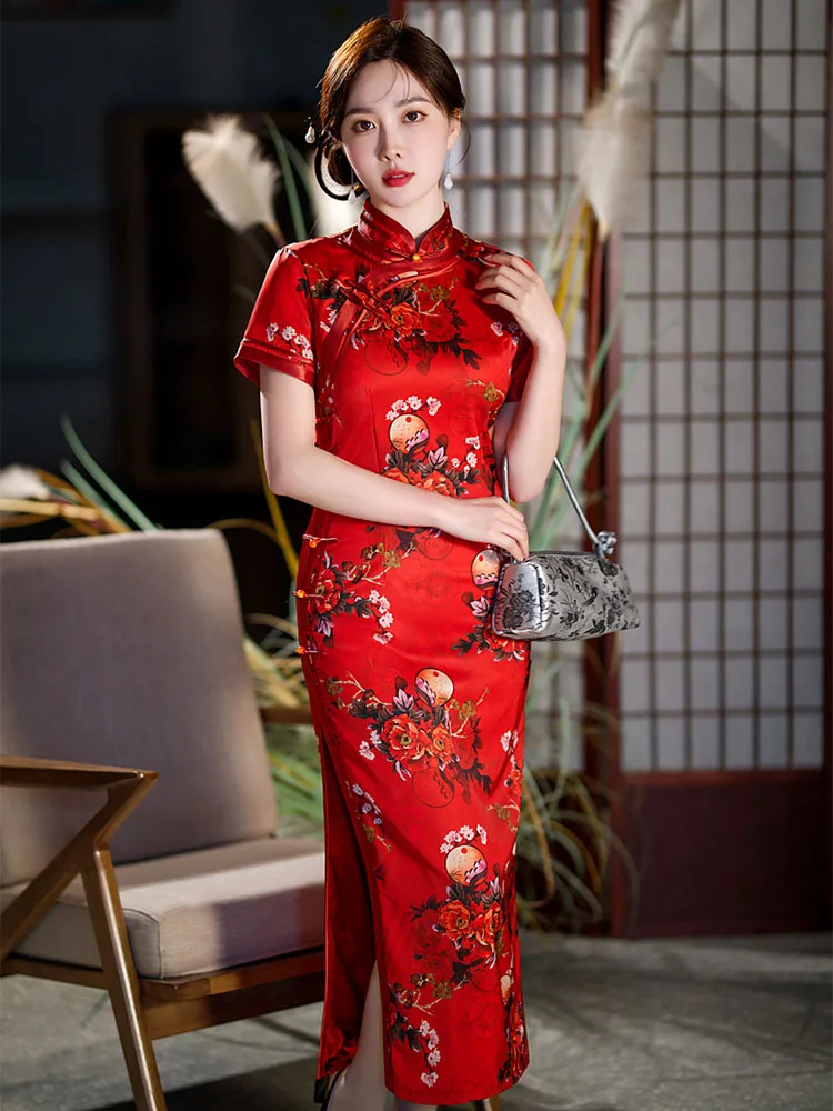 Yourqipao Summer 2023 Long Slim Silk Cheongsam Catwalk Red Fashion Elegant Print Qipao Chinese Style Evening Dress for Women