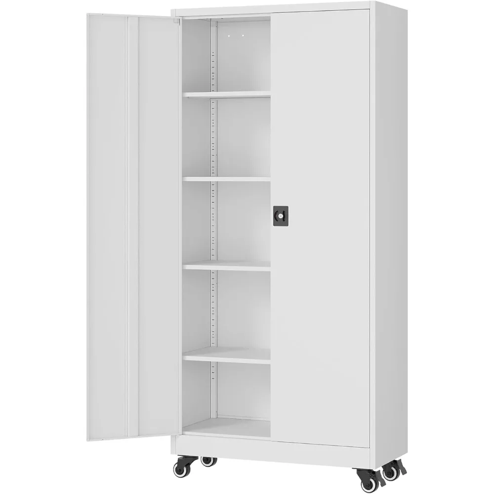 

Metal Rolling Storage Cabinet-74.6” Tall Steel File Cabinets with Wheels Lockable Doors and Adjustable Shelves-White Steel Stora