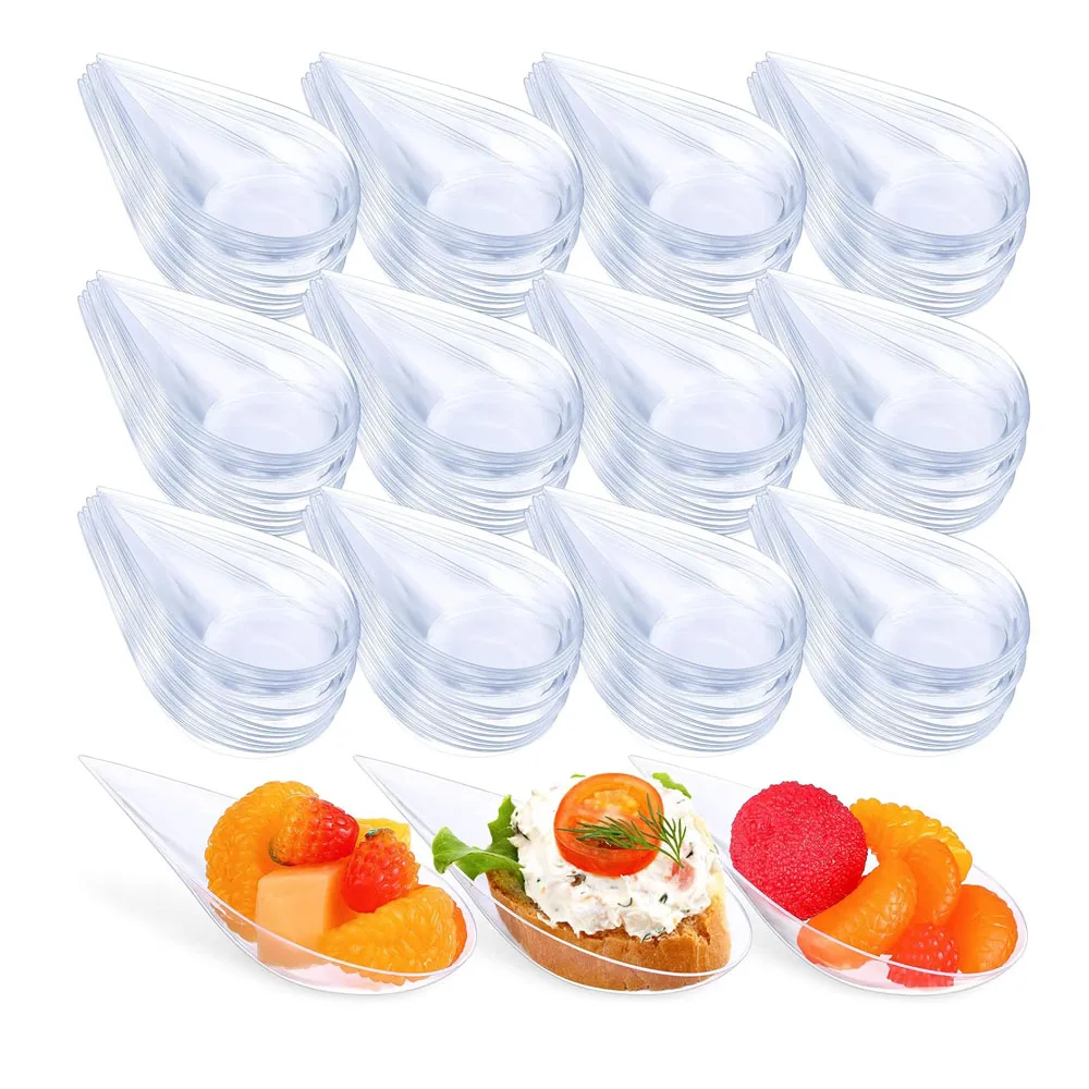 50Pcs Tear Drop Mini Appetizer Plates ReusableTasting Spoons Plates Disposable Desserts Cakes Bowls for Catering Party Supplies