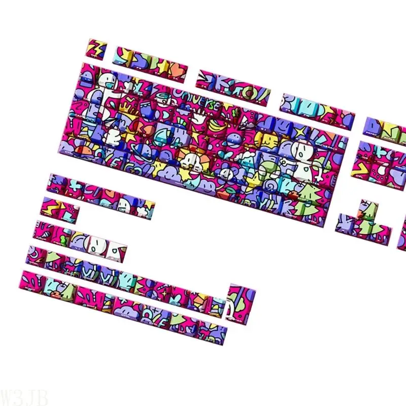 W3JB 74/140 Tasten, Graffiti-künstlerisches Design, PBT-Originalprofil, Seitendruck, transparente Tastenkappen für Tastaturen – Detail 5