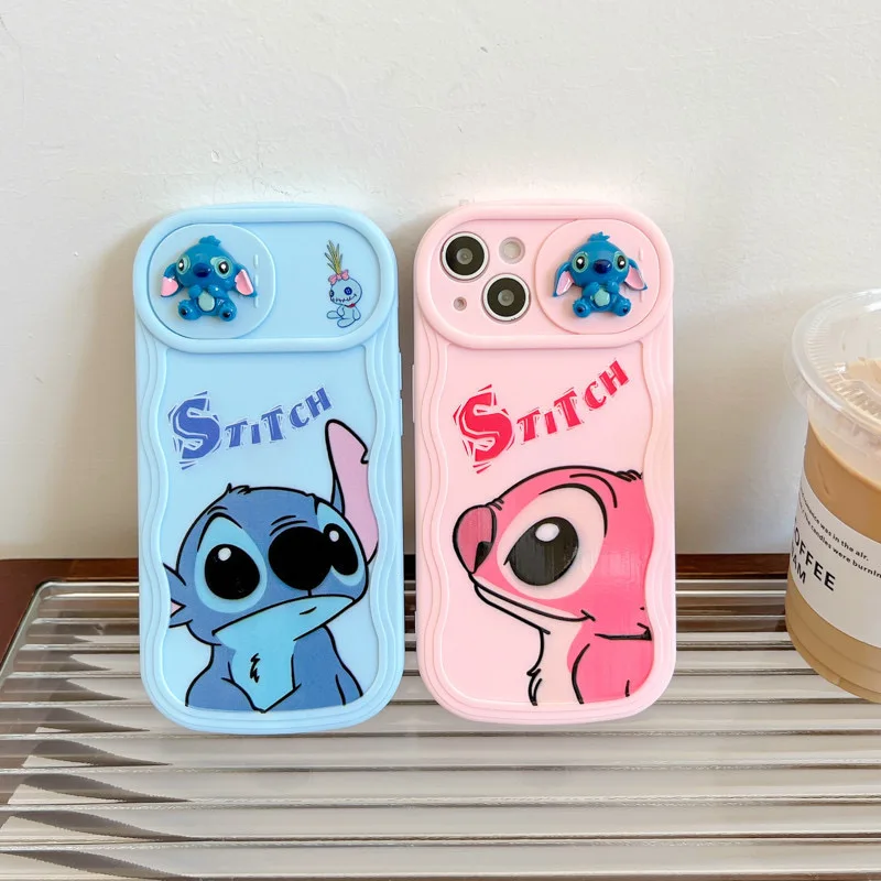 For iPhone 15 Pro Max 14 Plus 13 12 Pro 11Pro Max X XS XR 7 8 SE Couple Stitch Cartoon Sliding Camera Soft Wave TPU Phone Case