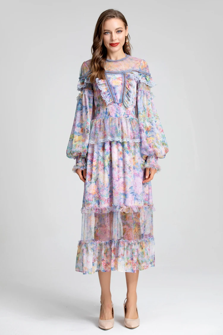 Robe col rond pour femmes, manches lanternes, à volants, imprimé Floral, élégante, Sexy, tenue de bal