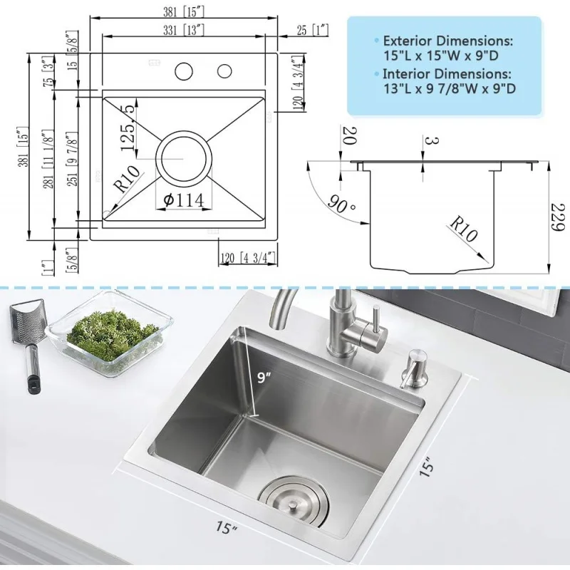 15Lx15Wx9D Stainless Steel-Workstation 15 Inch Bar Sink Drop In -VASOYO 15x15 Small Kitchen In