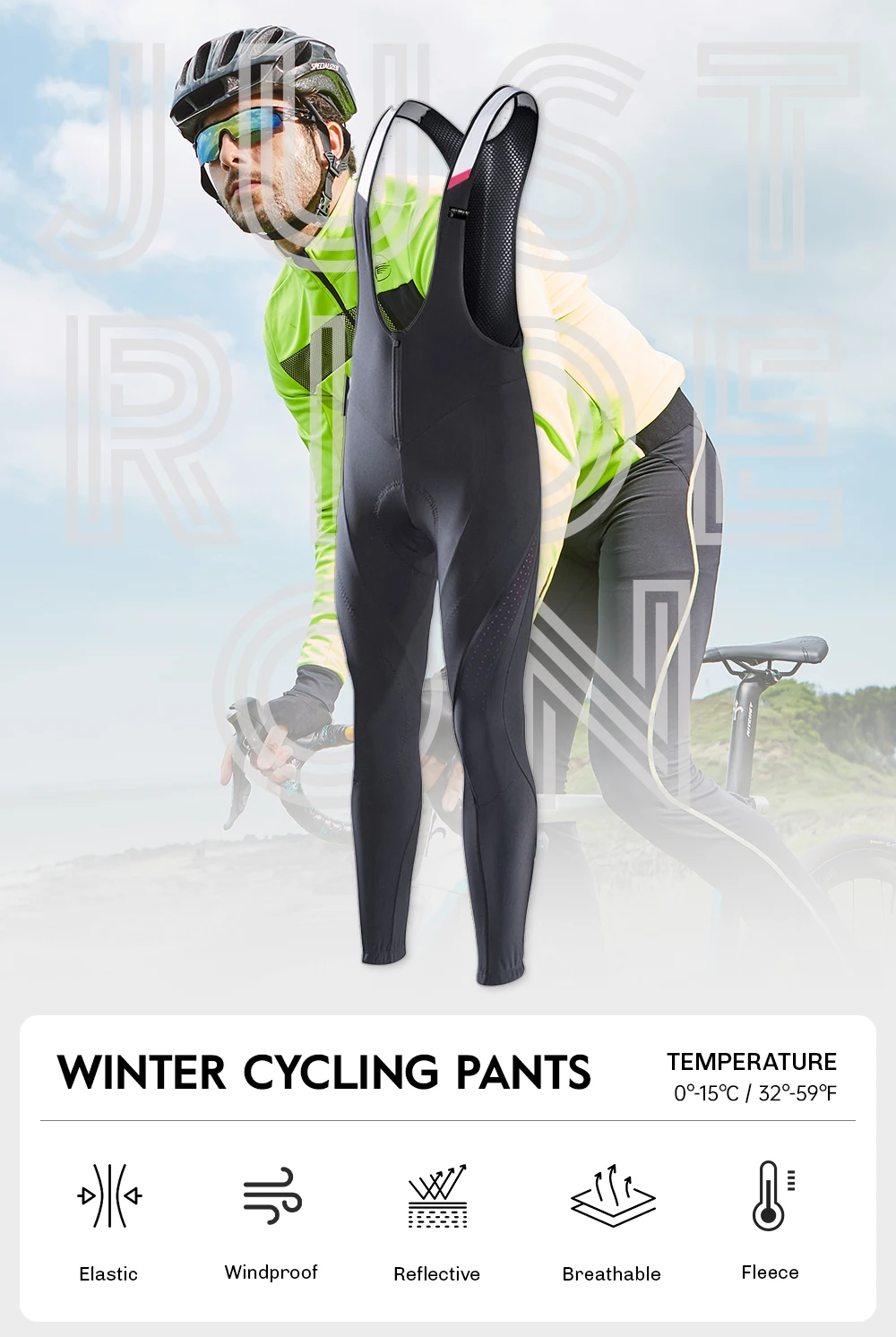 RION Herren Winter-Radhose mit Trägerhose, Fleece-gefüttert, Thermo-MTB-Tights, Polsterung, warm, winddicht, Profi-Fahrradhose für Outdoor-Sportarten – Detail 1