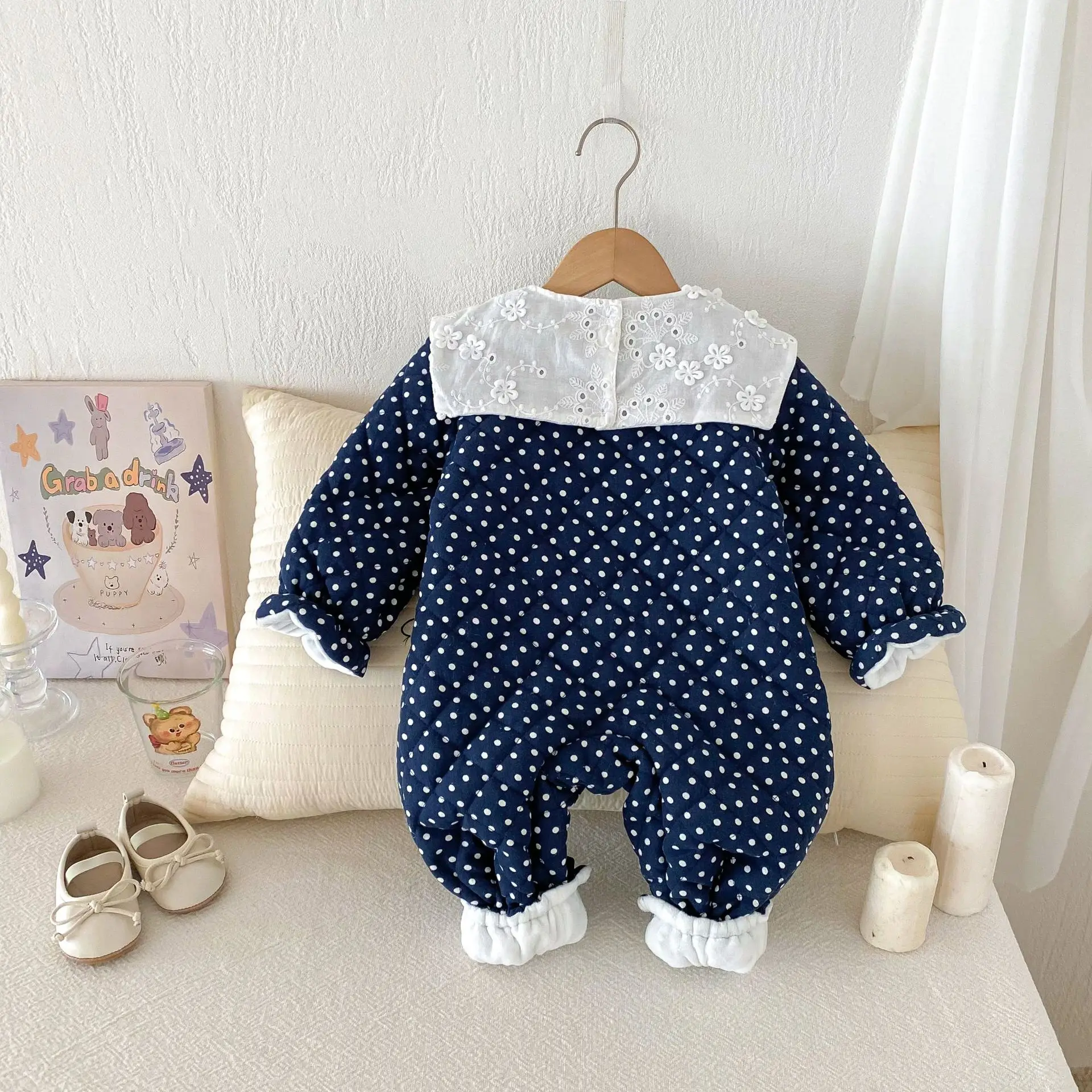 Winter Newborn Infant Baby Girls Cotton Princess Polka Dots Thick Lapel Crawl Kids One-Piece Fashion Baby Clothing