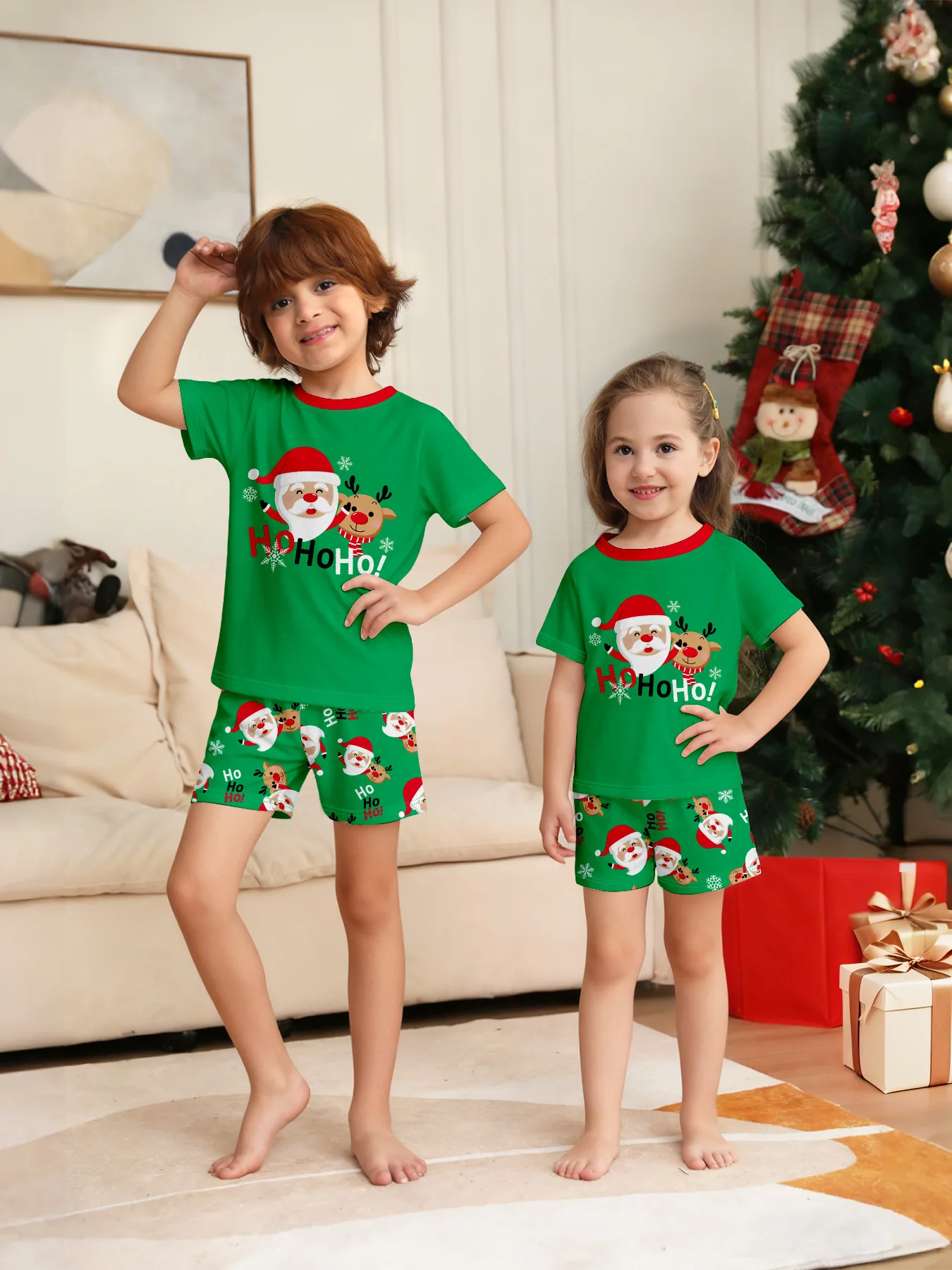 Christmas family clothing, 2-piece set of summer Christmas home wear and pajamas for a family of three