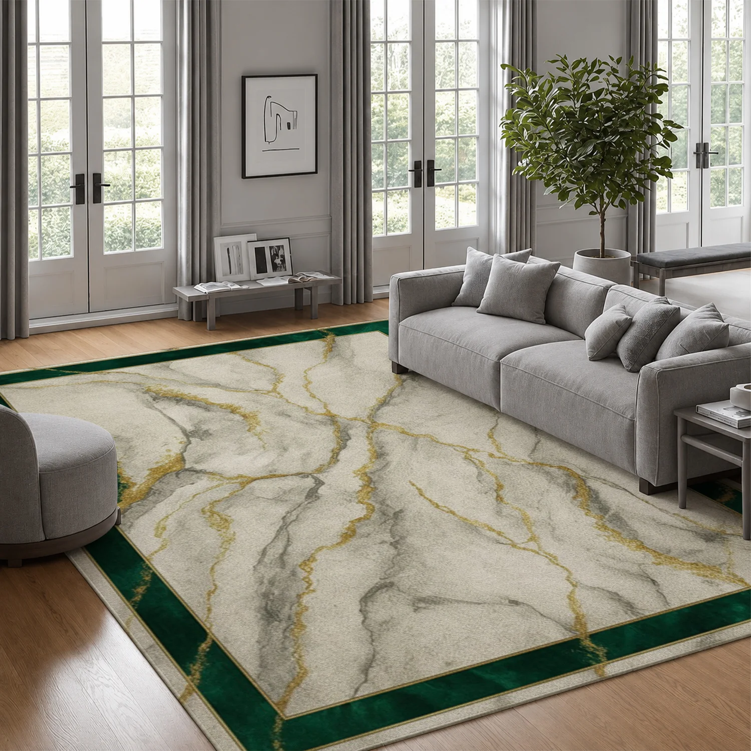 Large Indoor Area Rug, Soft Velvet Low Pile Rug with Non-Slip Dotted Backing, Machine Washable, Marble Pattern with Emerald Green Border and Gold Veining, Ideal for Living Room Bedroom Decor