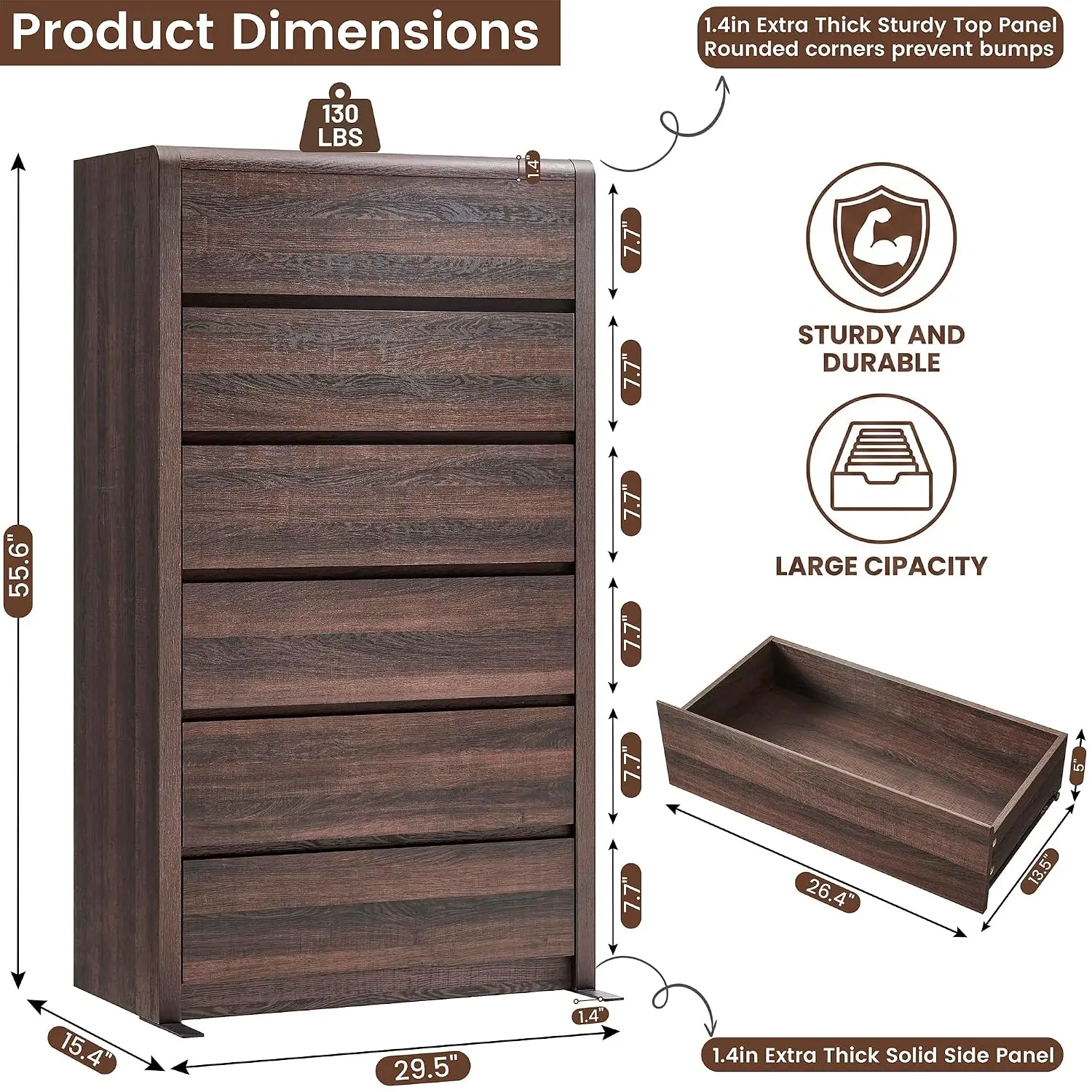 Modern 6-Drawer Walnut Tall Dresser, Wooden Bedroom Storage Chest, Curved Front Handleless Design, 55.6