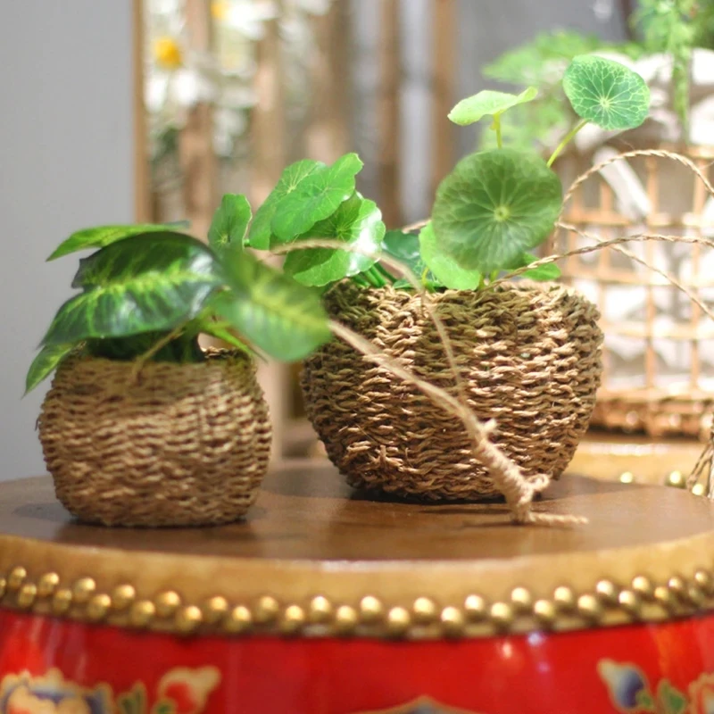 

Rattan Woven Hanging Basket Flower Pot Handmade Straw Plant Hangers Home Decor Garden Planter Flowerpot 1Set