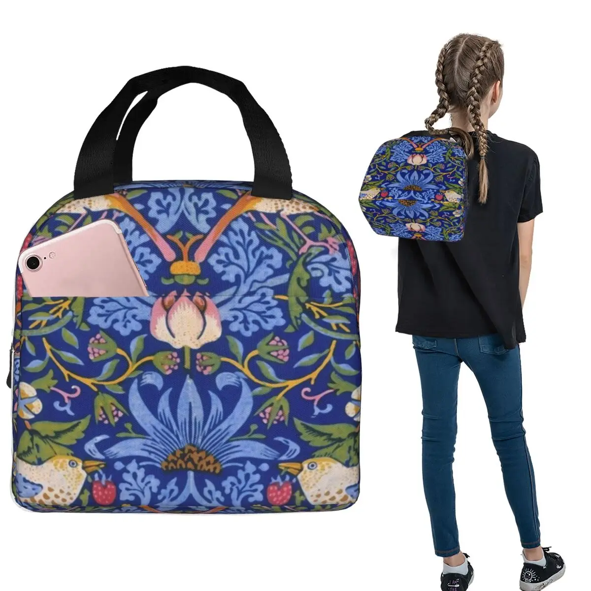 William Morris - Strawberry Thief 50x80 Insulated Lunch Bag for Women Kids Portable Food Boxes Thermal Lunch Box Tote