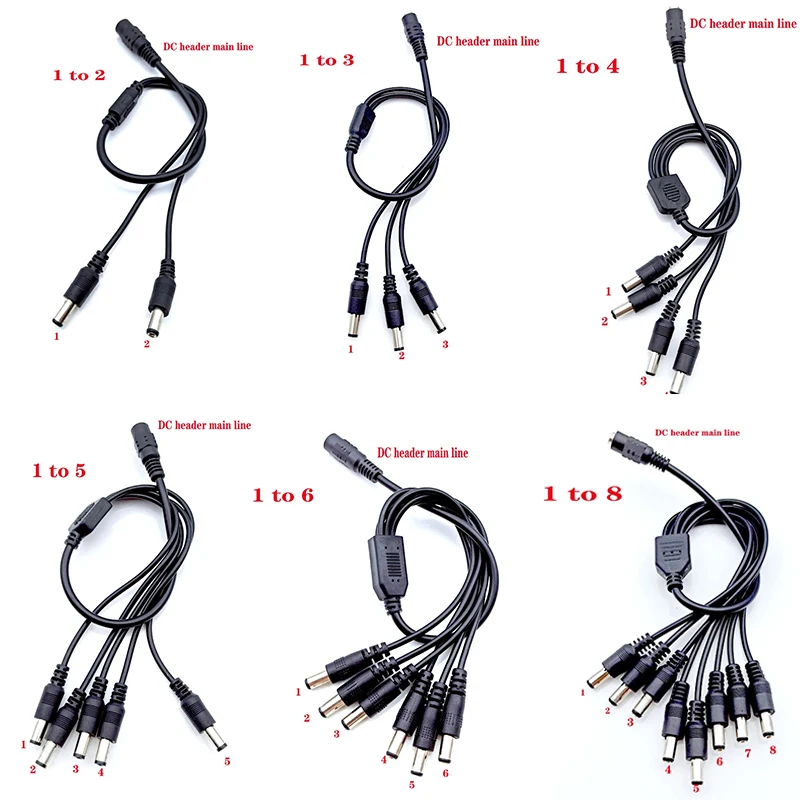 

5.5* 2.1mm 1 to 2/3/4/5/6/8 Way DC Power Splitter Cable12V Power Adapter Connector Cord For LED Strip Lights CCTV Camera
