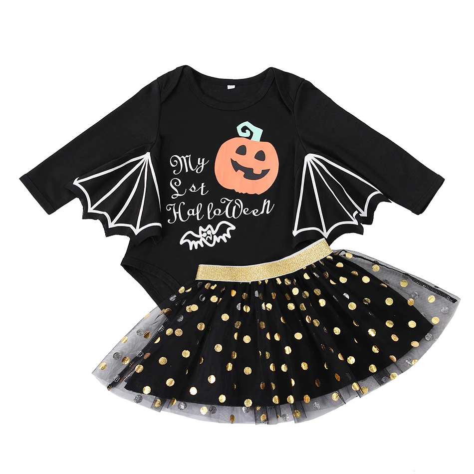 Halloween Baby Jumpsuit Pumpkin Head Skull Bones Infant Costume Bat Romper Long Sleeve Round Neck Button Suit 2Pcs Clothes Set