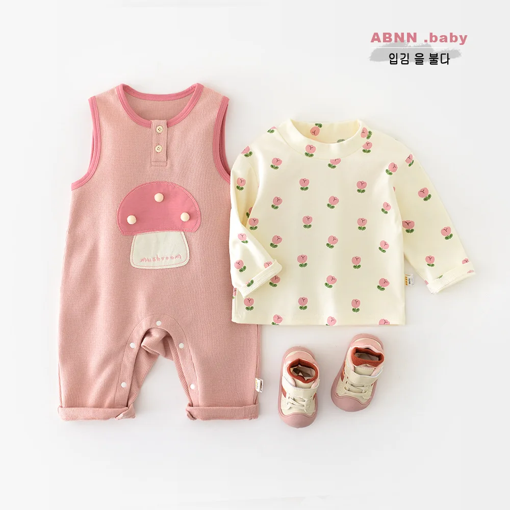 

Autumn Newborn Girl Two-piece Set Round-neck Long-sleeved Small Floral Girl Top Sleeveless Spliced Mushroom Toddler Girl Romper