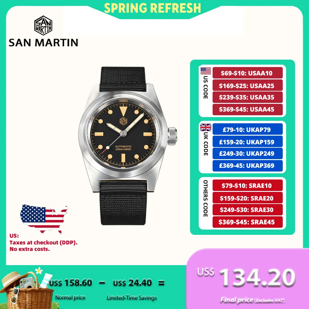 

San Martin 38MM Automatic Mechanical Watch YN55A Self-Wind Wristwatches Diver Sapphire C3 Luminous 20Bar Waterproof SN0029C