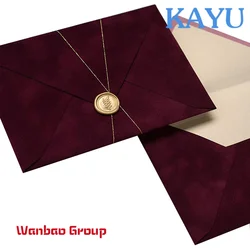 Custom  Luxury Red Velvet Envelopes Vintage Paper And Envelopes Custom Wedding Envelope With Card Wax Seal Stamp