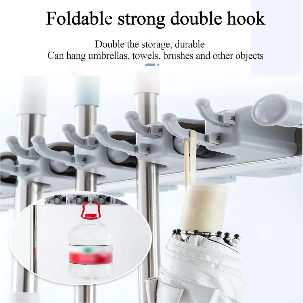 رف أدوات قائم بذاته للمكانس والمماسح، وعربة التنظيف المتنقلة مع مساحة تخزين وصرف الممسحة